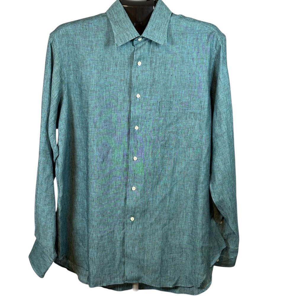 John Cooper Savile Row London Mens Teal Linen Button Down Shirt Size L